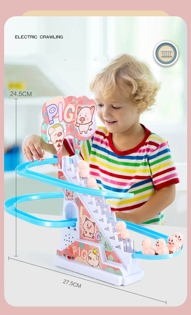 Electric Duck Track Rail Racing Slide Piggy Climbing Stairs Baby Toy LED Lights Musical Slide Roller Coaster Toys for Gift