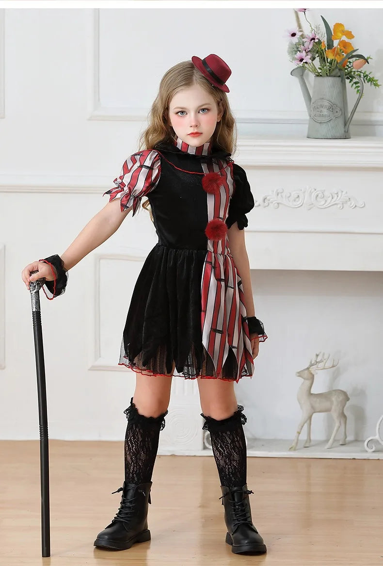Halloween Cosplay Costumes Horror Clown Dresses Pants Headwear Clothes Sets Carnival Theme Party Role Playing Outfits for Girls