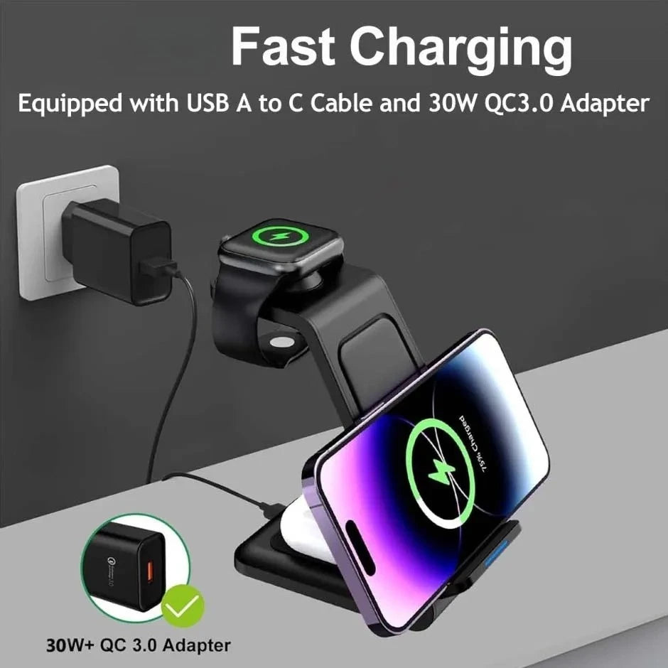 3 In 1 Wireless Charger Stand Fast Charging Station for iPhone 17 16 15 14 13 12 11 iWatch 10/9/8/7 Ultra Airpods Phone Holder
