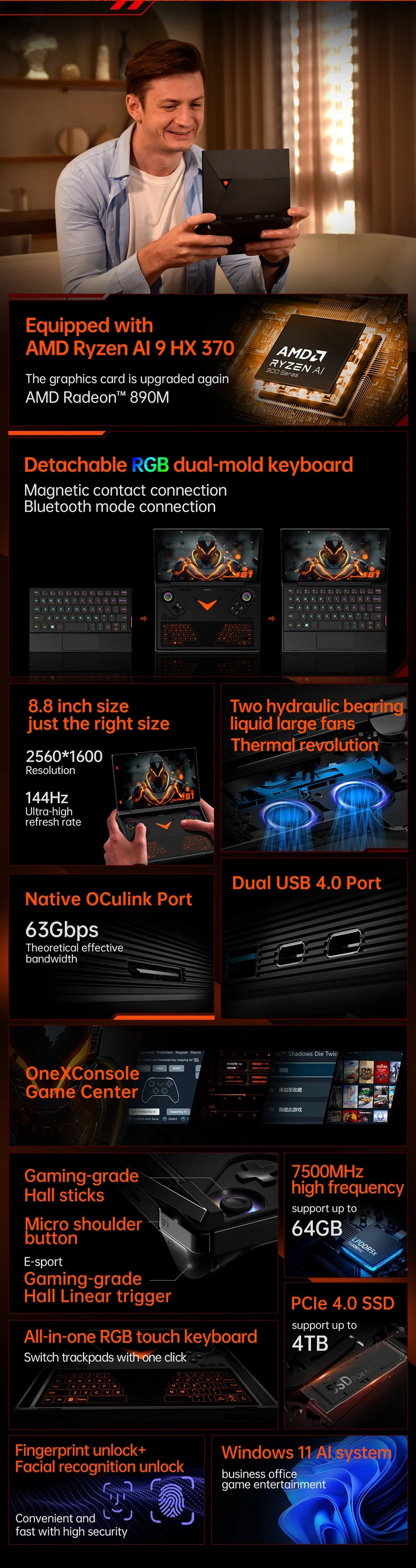 OneXPlayer G1 Gaming Laptop AMD Ryzen AI 9 HX 370 &amp; Intel Core Ultra 7 255H Portable 8.8 Inch 144Hz Dual-Mode Keyboard Computer