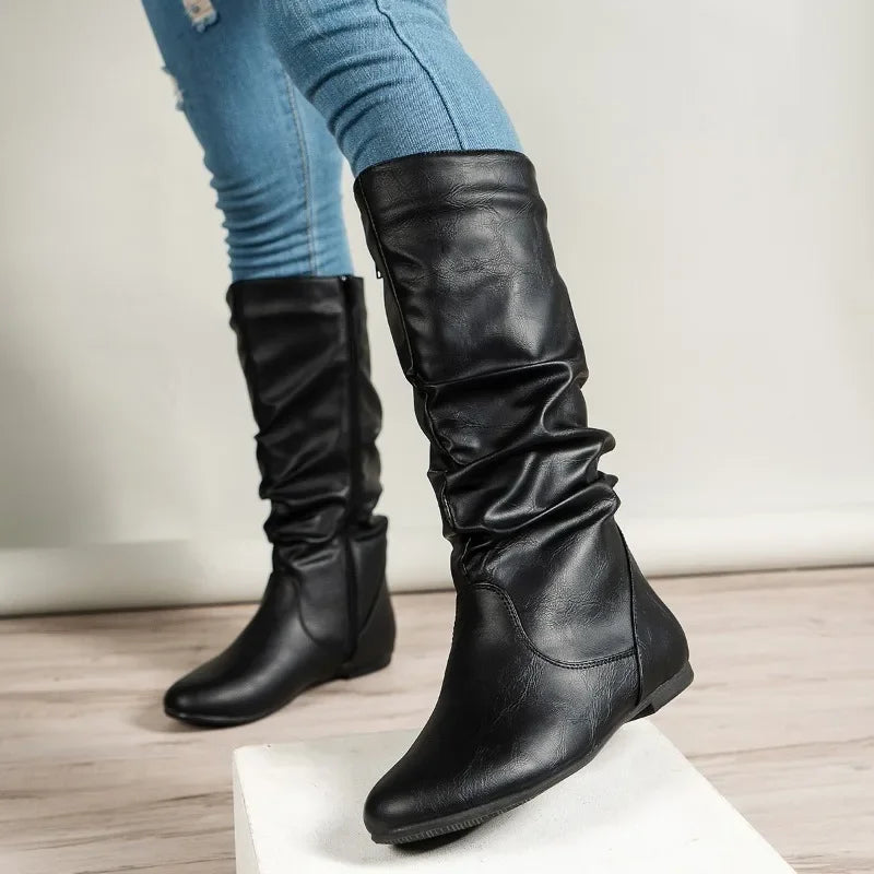Ladies Shoes 2025 Brand Mid-Calf Women's Boots Fashion Pleated Modern Boots Women Winter Plus Size Best Seller Shoes for Women