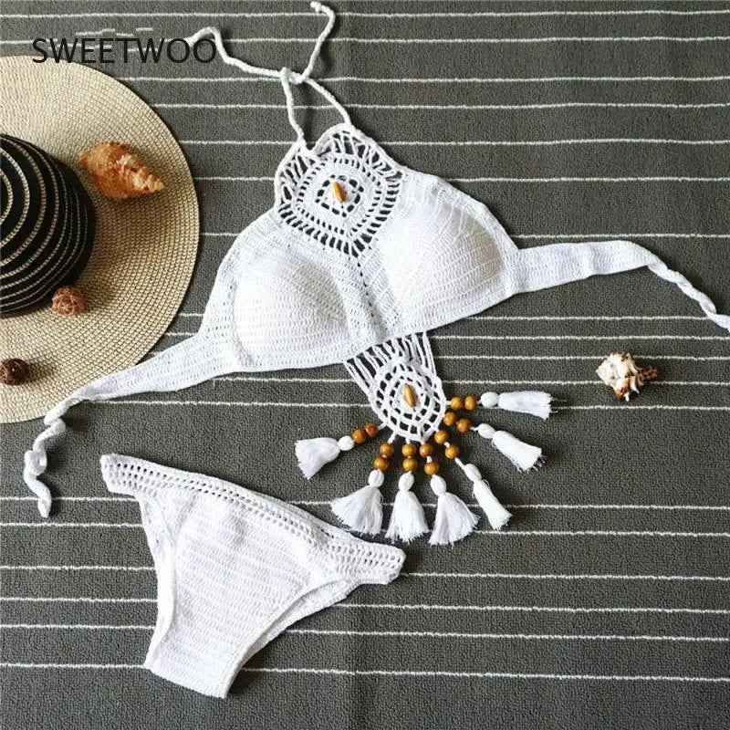 Bikini 2024 Knitting Swimsuit Crochet Bohemia Style Off Shoulder High Neck Bathing Beach Handmade Crochet