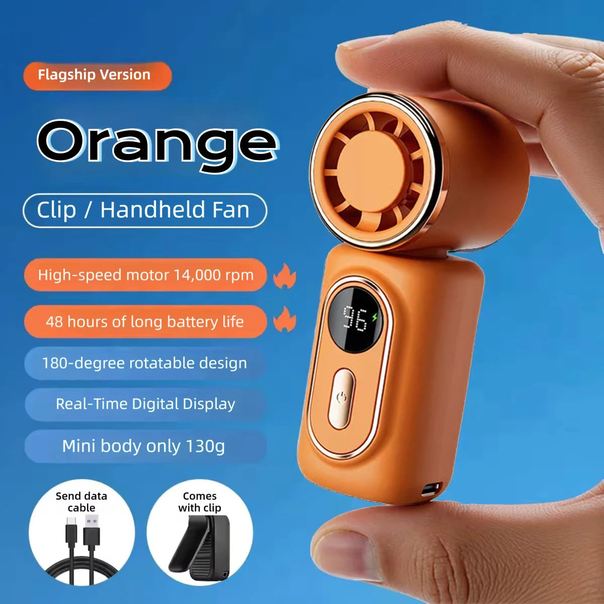 Lady's Mini Fan Handheld Small Portable Fan Cooling Turbo 5 Speeds 3000mAh LED Display 180° Rotatable Clip Rechargeable Fans