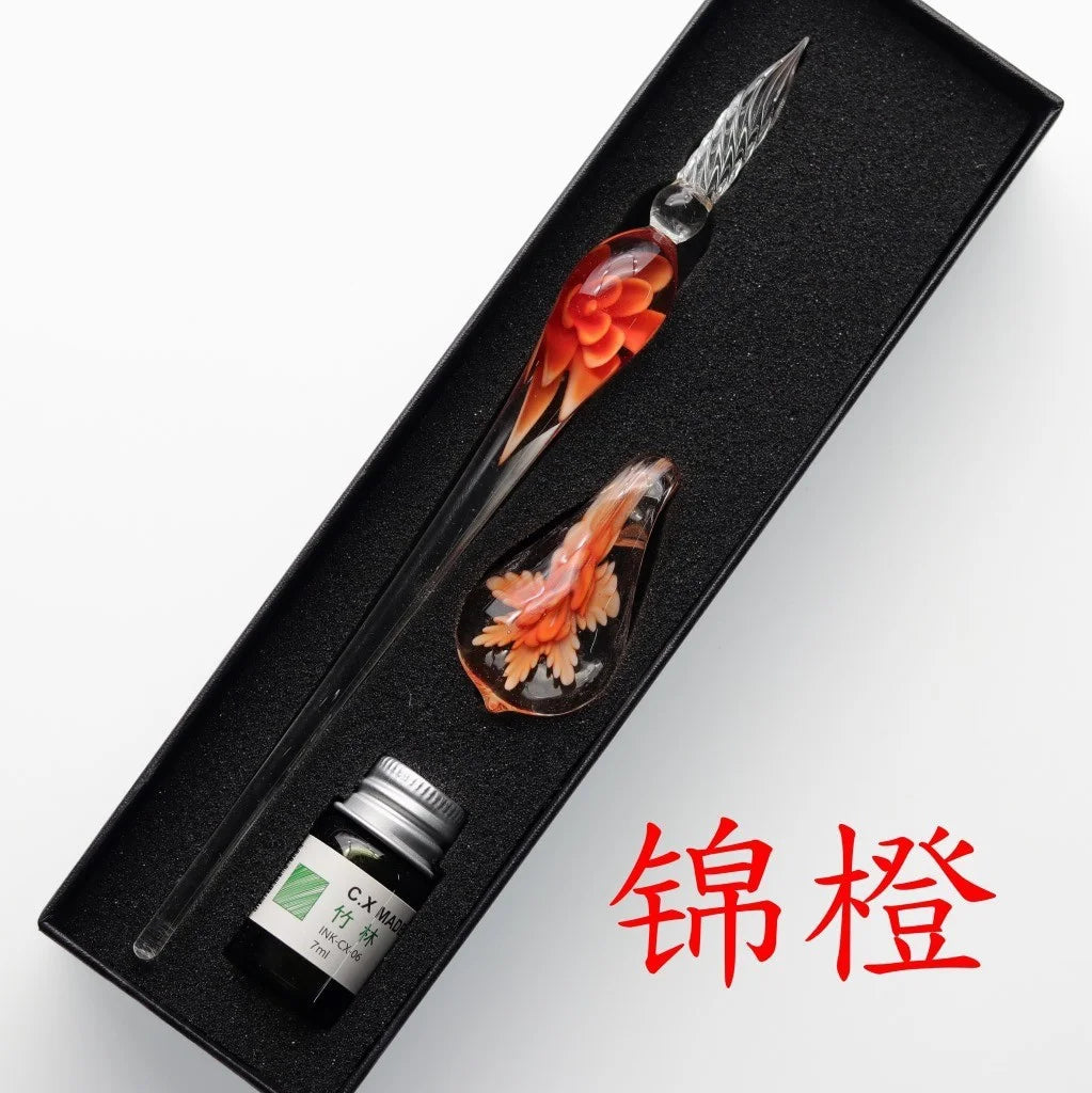 Embedded flower glass pen set, colored dipping pen, street vendor gift box, signature pen, glass pen gift