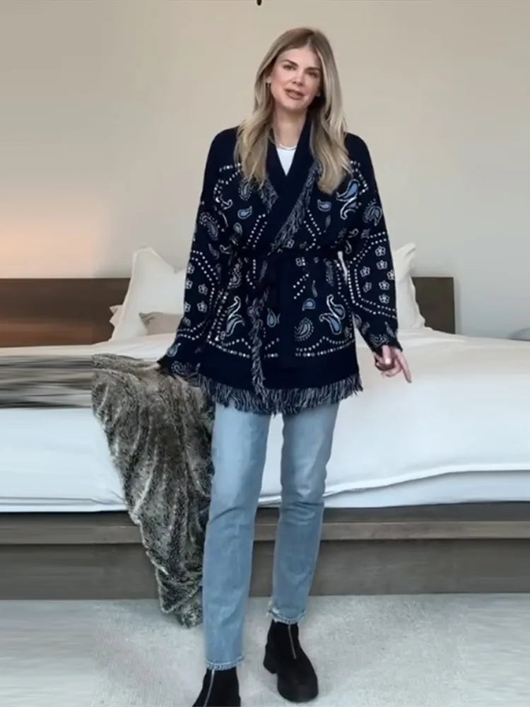 Women's Print Fringe Knitted Vest Coat Fashion Sleeveless Tie Waist Pocket Cardigan Sweater Lady 2025 Autumn Casual Outerwear