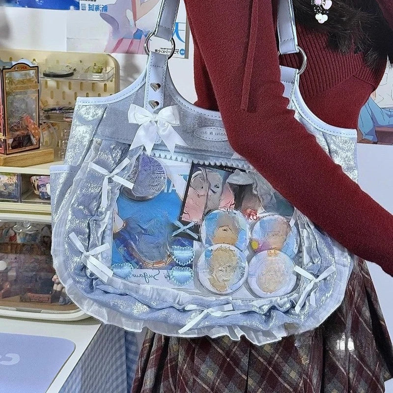 Women Luxury Design Ruffled Lolita Handbag Punk Gothic Bow Crossbody Bags Transparent Sweet Lace Shoulder Ita Bag Y2k Aesthetic