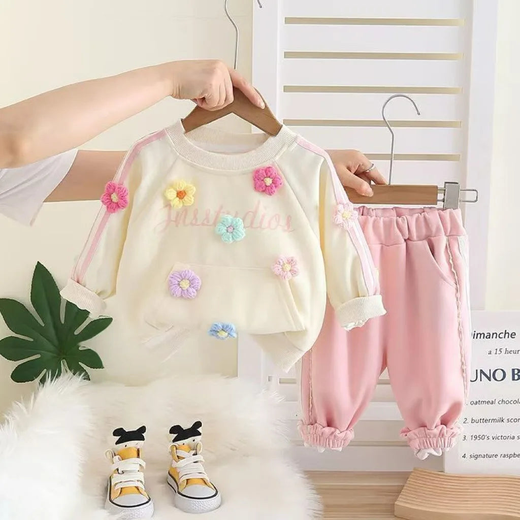 Baby 2Pcs Outfit Set 3D Colorful Flower Decor Raglan Long Sleeve Sweatshirt Striped Jogger Pants Infant Soft Cotton Spring Set