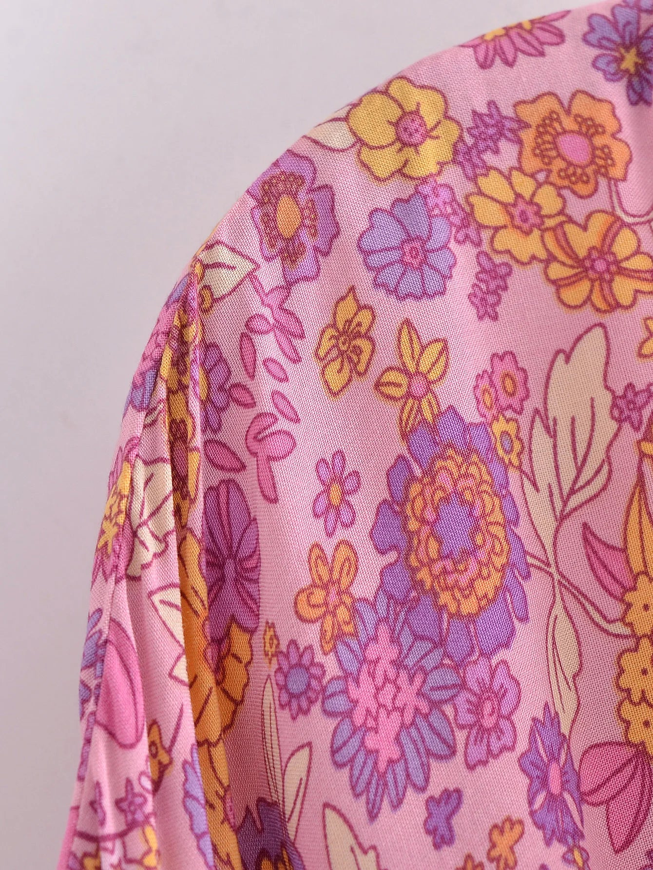 BOHO Women Blue With Pink Flower Print Kimono Shirt Holiday Tide Bow Sashes Mid Long Cardigan Summer Blouse Beach Cape