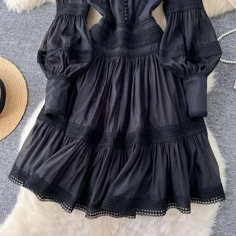 Luxury Vintage Women's Lace patchwork dress 2025 Spring Beach Long puff sleeve mini dresses White Black Lady vestidos 4D145