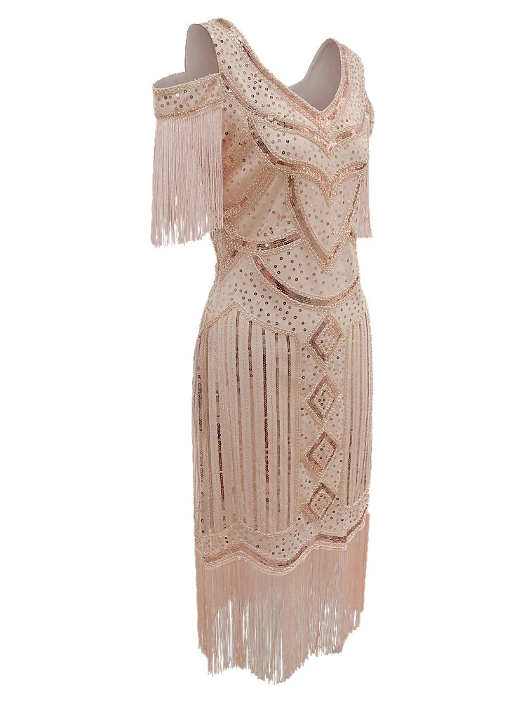 Women Fringe 1920s Flapper Dress 20s Gatsby Themed Party Dress Vintage V-neck Off Shoulder Sequin Beaded Cocktail Dress