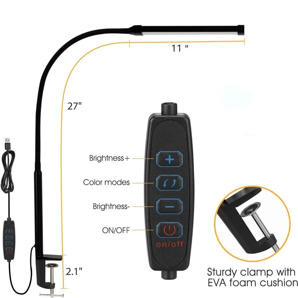 LED Desk lamp with Clamp Eye-Caring Clip Desk Lights for Home Office 3 Modes 10 Brightness Long Flexible Gooseneck Table Lamps