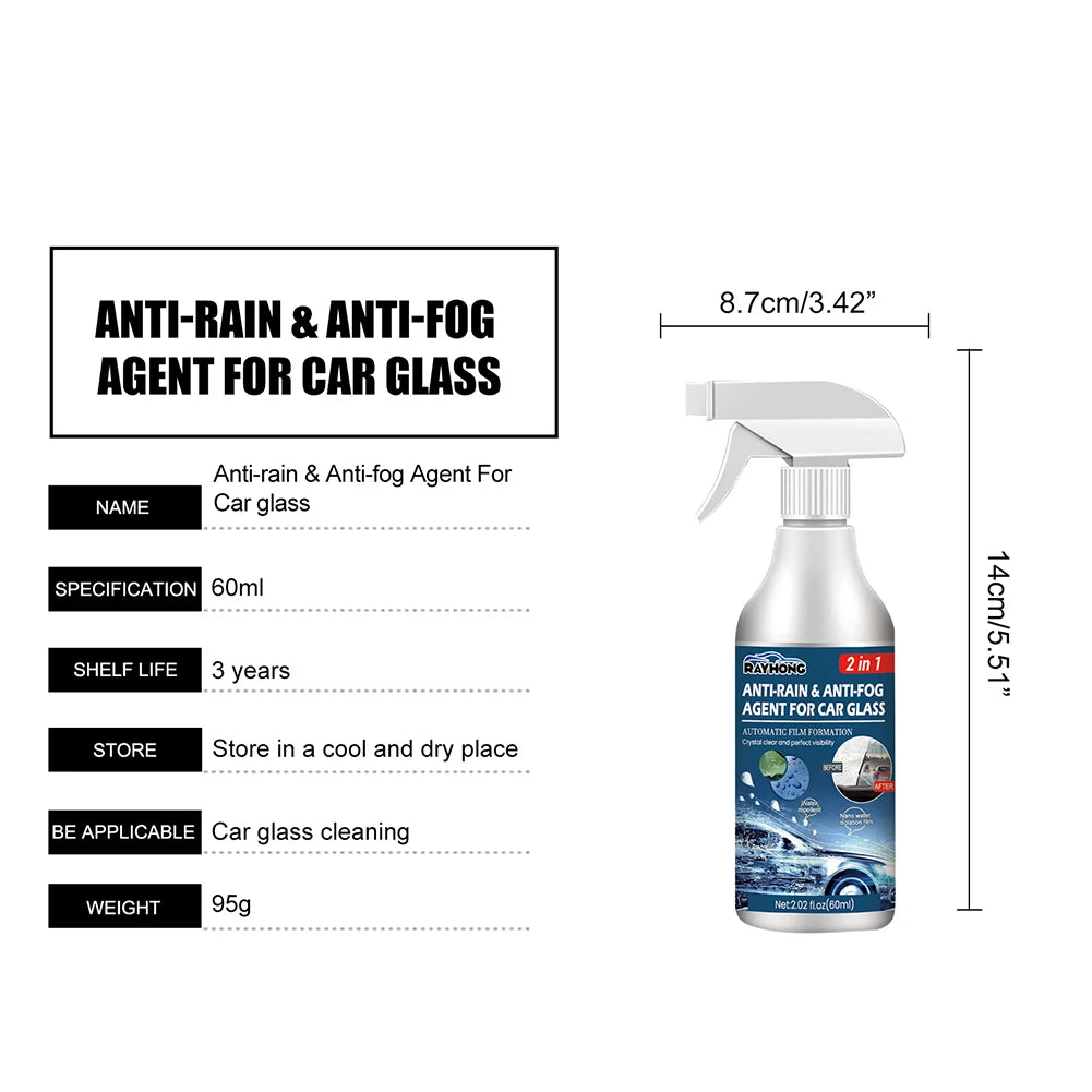 Anti Fog Rain Repellent Spray 60ml Car Glass Rainproof Antifogging Coating Agent Long Lasting for Windshield Rearview Mirror