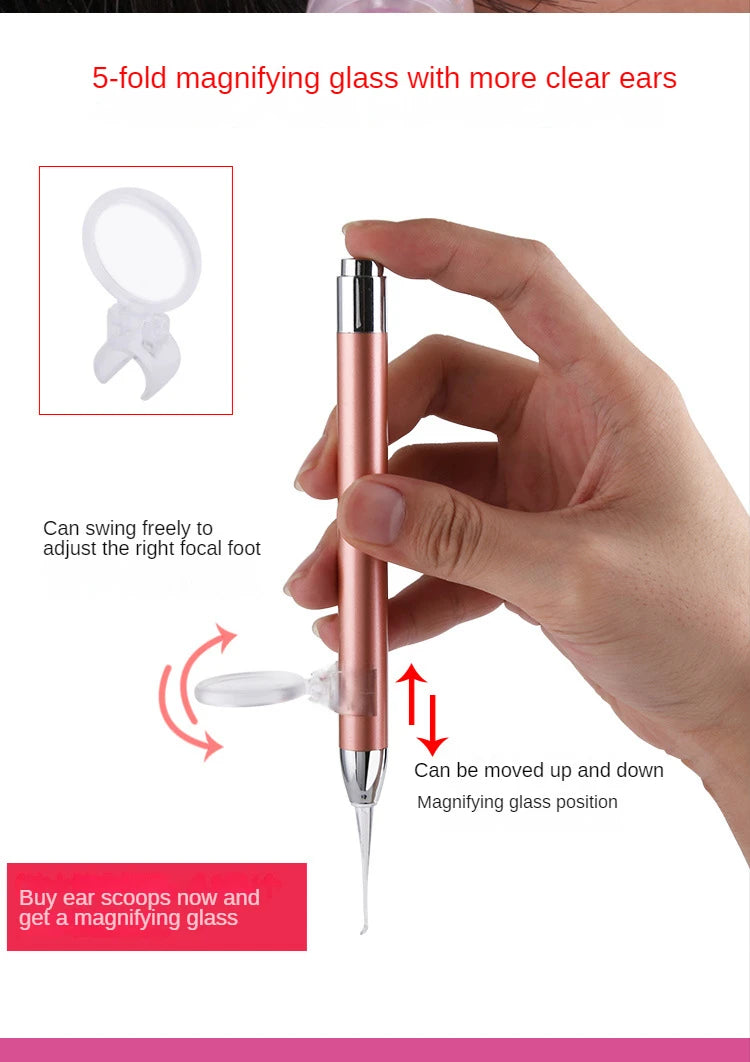 LED FlashLight Earpick Baby Ear Cleaner Endoscope Penlight Spoon Cleaning Ear Curette Light Spoon with Magnifier Ear Wax Removal