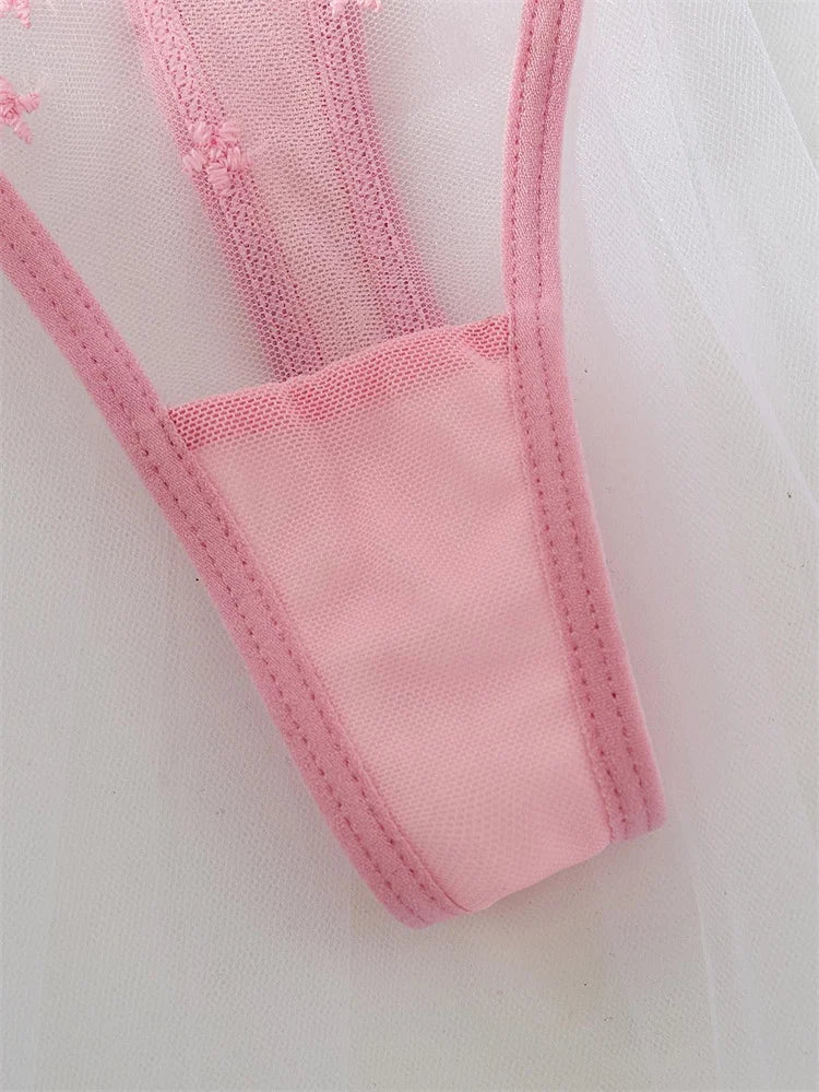 New Sexy Girl Lingerie Floral Embroidery Lingerie Set Pink Fantasy Underwear Ultra Thin Bra Panty Set Translucent Lace Lingerie