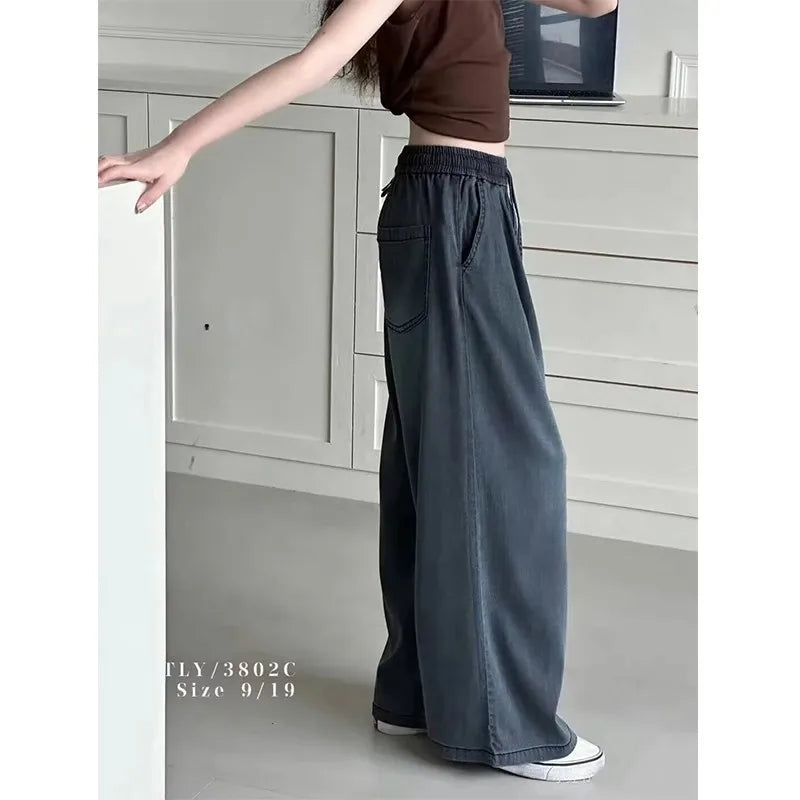 2025 Summer Girls Tencel Cotton Jeans Straight Wide Leg Thin Loose Pants for Big Kids Wholesale Trendy