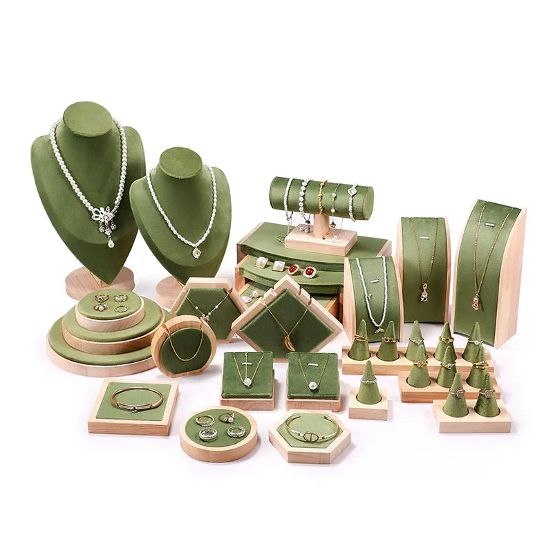 Solid wood green velvet jewelry display stand ring stud necklace pendant bracelet storage and display stand