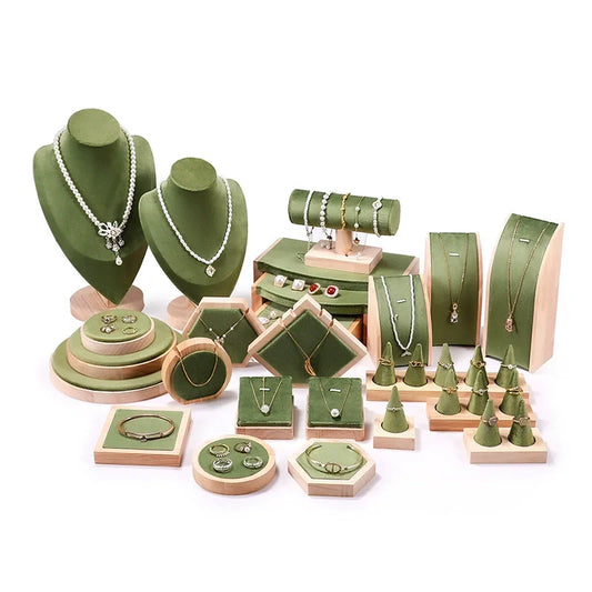 Solid wood green velvet jewelry display stand ring stud necklace pendant bracelet storage and display stand