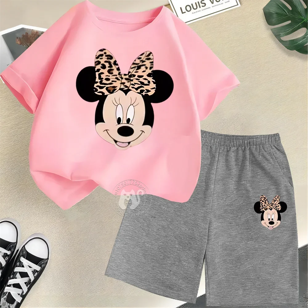 Summer Cartoon Boys & Girls 100% Cotton T-shirt + Shorts Kids Disney Open Minnie Print Fashion Street Boys & Girls Casual Suit