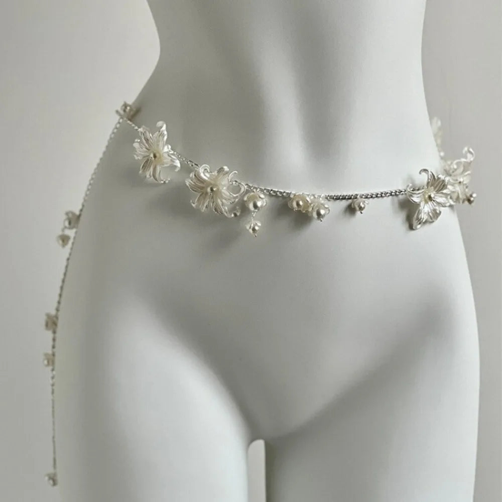 Fashion Elegant Pearl Waist Chains Versatile Waist Accessory Floral Belly Chain Boho Body Jewelry Women