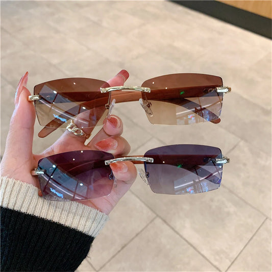 Rimless Sunglasses For Men Women Wooden Pattern Luxury Brand Retro Sun Glasses Fashion Shades Uv400 Travel Outdoor