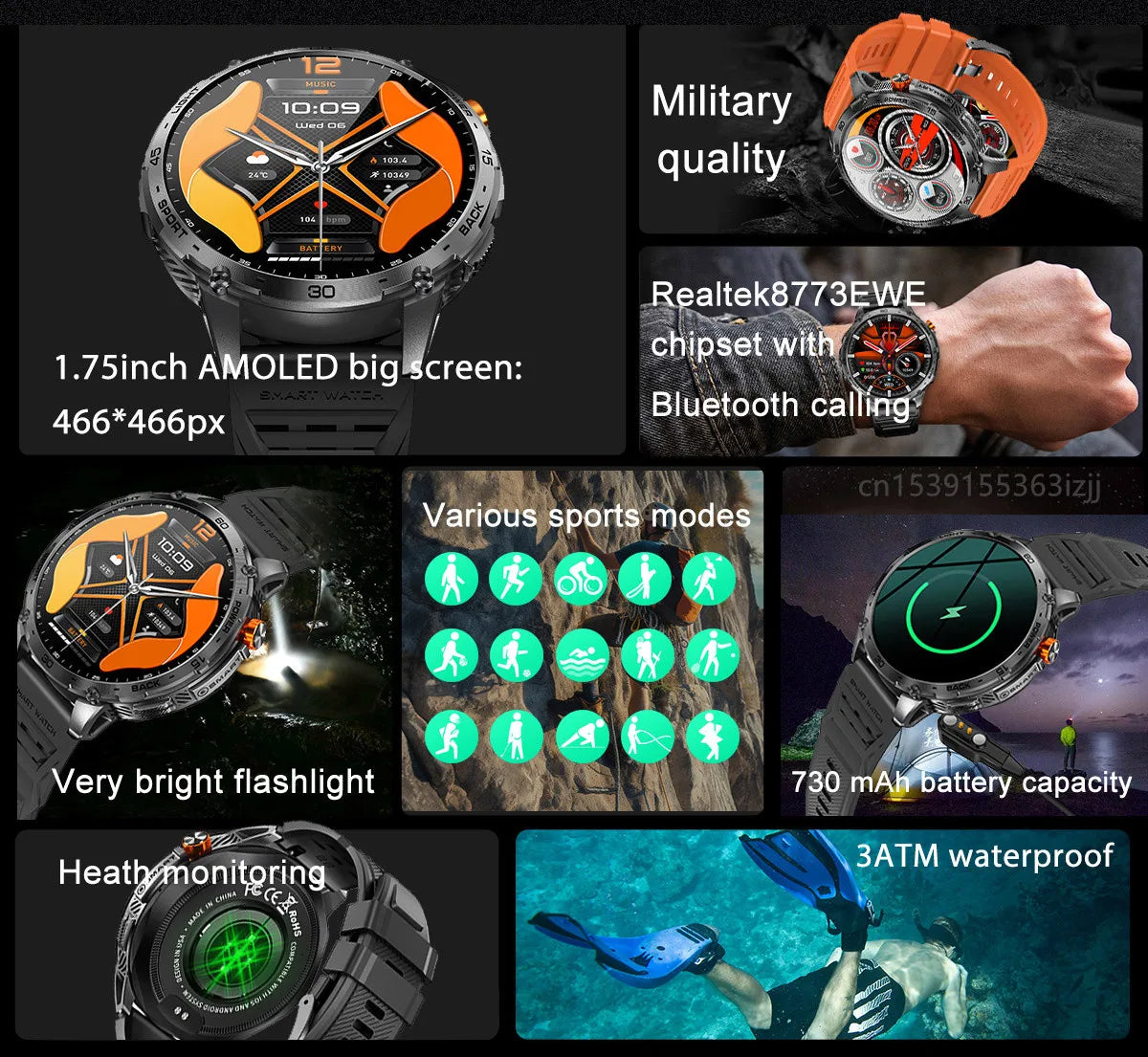 K69 Smart Watch 1.75inch Amoled Screen LED Flashlight Men Bluetooth Call Sports Fitness Tracker Health Monitor Smartwatch