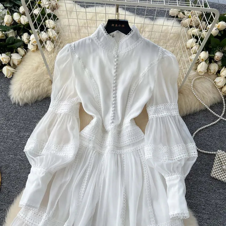 Luxury Vintage Women's Lace patchwork dress 2025 Spring Beach Long puff sleeve mini dresses White Black Lady vestidos 4D145