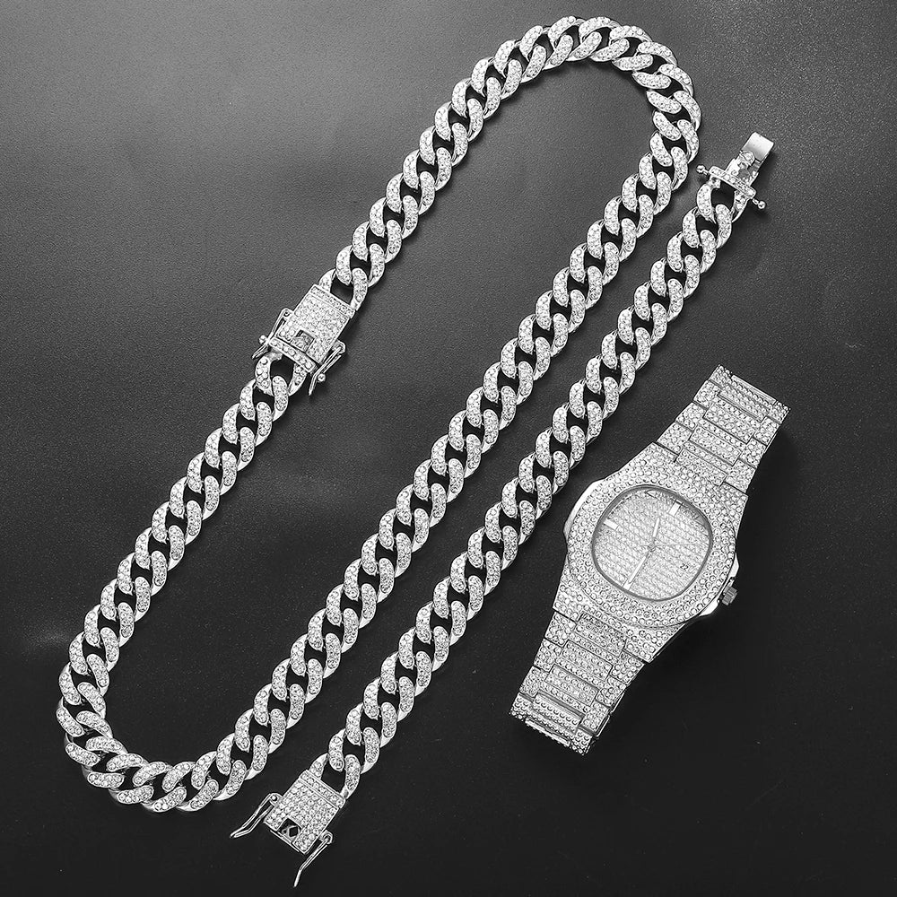 Iced Out Watch 3PCS Hip Hop Luxury Watches Jewelry Set Mens Women Watch Necklace Bracelet Bling Cuban Link Chain Choker Gift