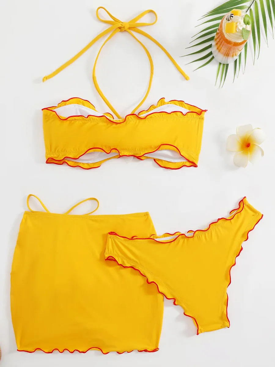with Mesh Skirt 3D Flowers Halter Bandeau Bikini Women Swimsuit Female Swimwear Three-pieces Bikini Set Bathing Suit Beachwear