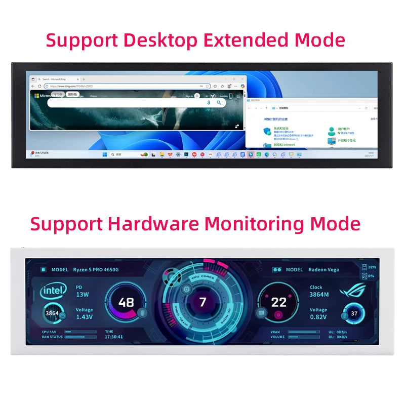 TURZX 8.8 Inch USB Secondary Screen Type-C Desktop Extended Display TF Card Play 1920*480 IPS LCD CPU RAM GPU Monitor NO AIDA64