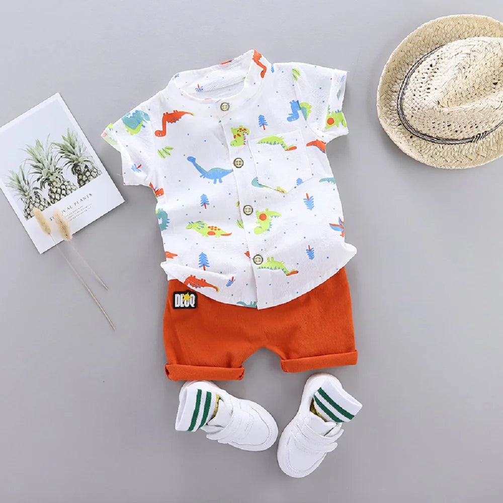 2PCS Children's Summer Full Print Cartoon Little Dinosaur Standing Collar Shirt and Shorts Set