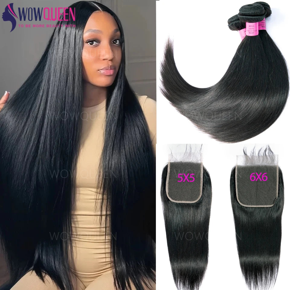 5x5 Lace Closure With Bundles Peruvian Straight Bundles 12-32 Inch Long Raw Human Hair Weave Bundles With 6x6 Lace Closure
