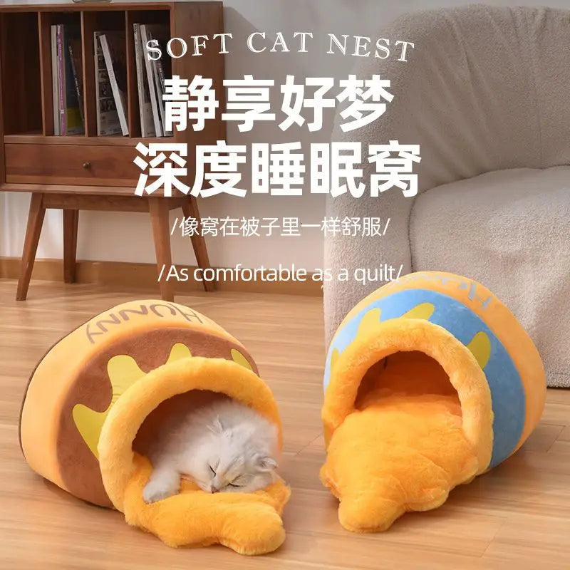 Autumn/Winter Trendy Honey Jar Cat House - Enclosed and Insulated Small Dog Kennel for All Seasons Pet Bed