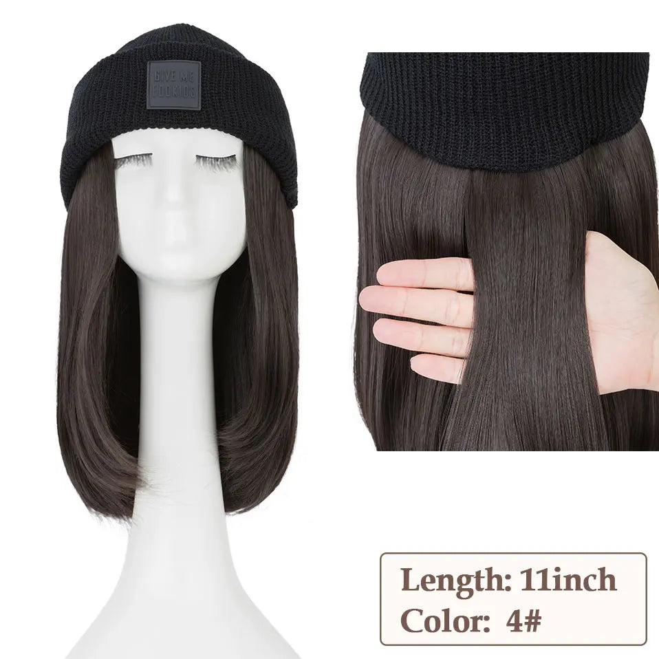 Hat Wig Knitted Beanie Wig Hat Hair Extension Straight Wig Hat Attached 11 Inch Synthetic Hairpiece for Women Girls Winter