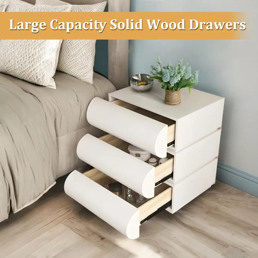 modern off white nightstand with 3 drawers - leather bedside table, end table for bedroom/living room, fully assembled (19.7''h)