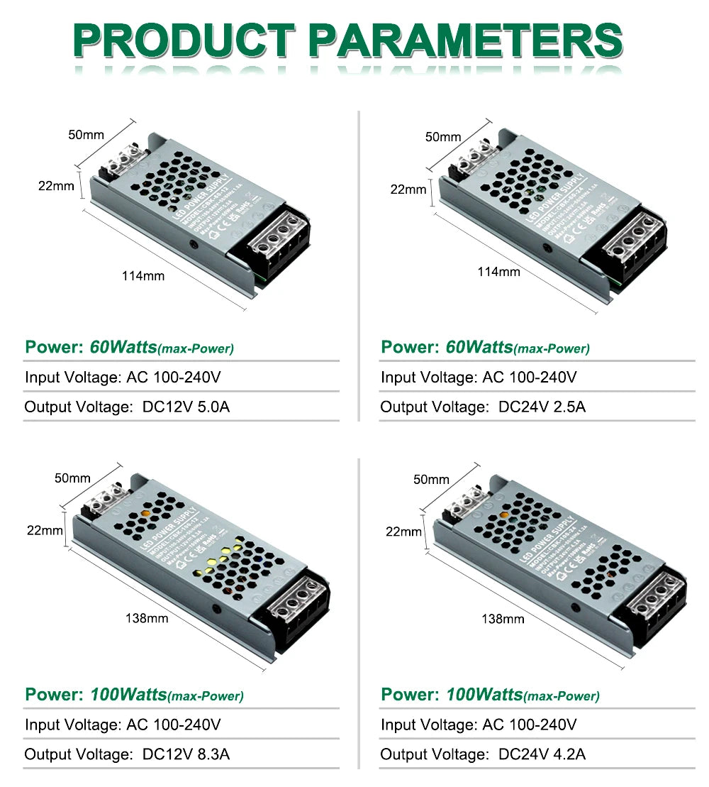 Ultra-thin silent LED power supply DC 12V 24V transformer supply 60W-400W power  AC 100-265V quality ultra thin led transformers