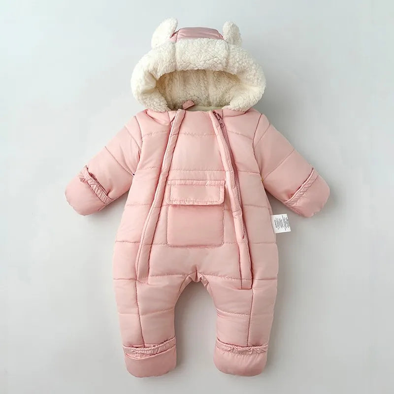 Winter New Baby Boys Girls Bodysuit Solid Color Lining Plush Thick Warm Hooded Jumpsuits For 6M-30M Kids Cotton Romper Snowsuit
