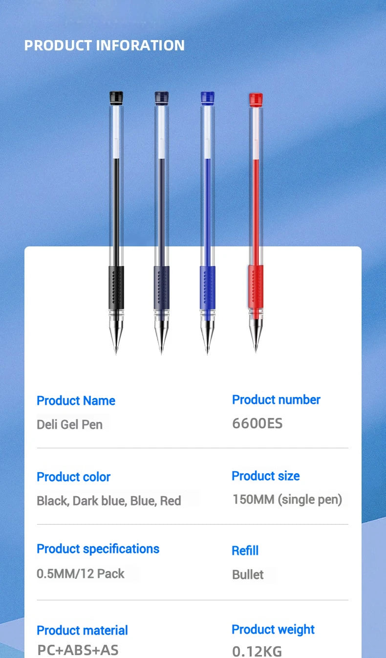 Deli 12-Pack Gel Pen Set 0.5mm Ballpoint Black Blue Red Ink Colors Writing Tools for School Office Stationery Supplies