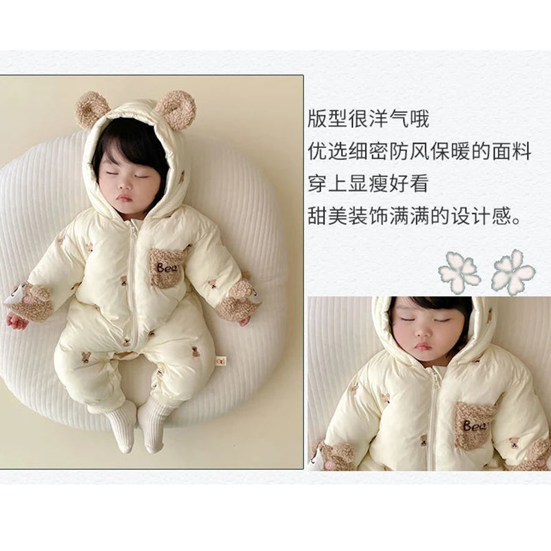 New Winter Thick Keep Warm Boys Girls Rompers Lined With Velvet Cartoon Bear Pattern Hooded Bodysuits For 1-2 Years Old Kids