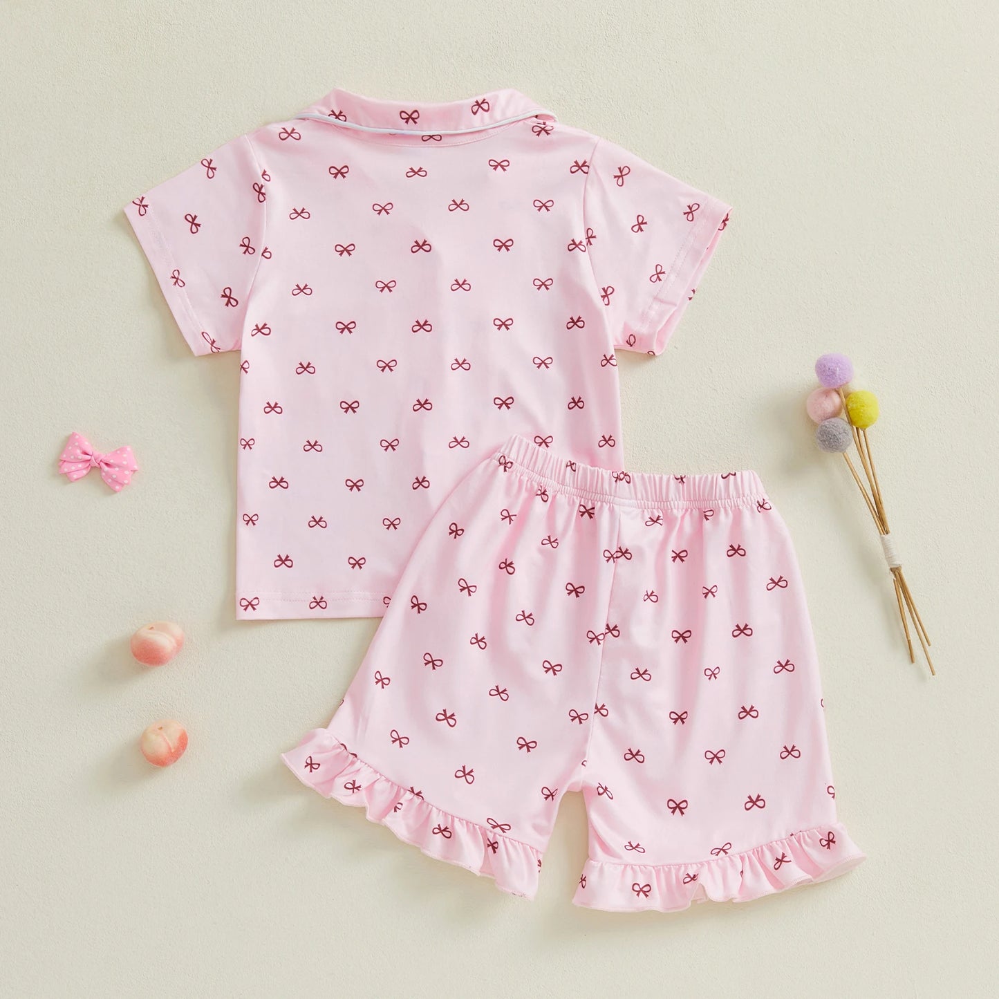 Summer Toddler Girls Loungewear Set Bow Print Short Sleeve Shirts Tops Elastic Waist Shorts Suit Infant Sleepwear Kids Pajamas