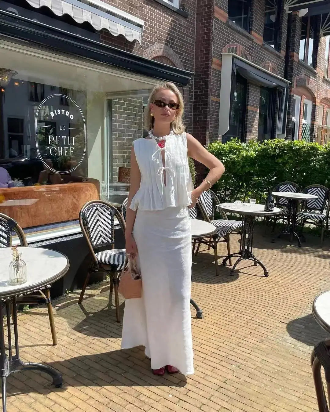 Sexy White Sleeveless Tie Shirt Top Long Skirt Two Piece 2026 Women Fashion Set Summer Holiday Beachwear Swimwear Cover Up A2860