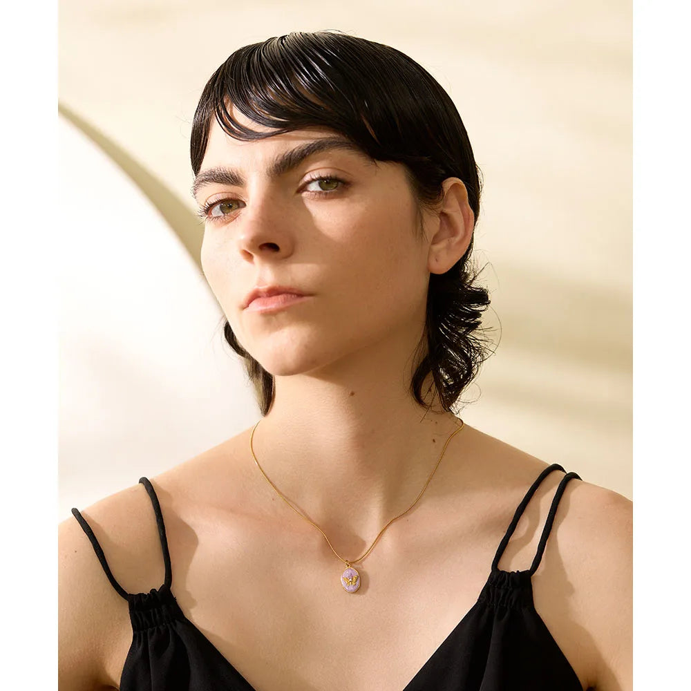 Yhpup Pink Enamel Butterfly Gilding Geometric Pendant Stainless Steel Collar Fashion Necklace for Women Korean Chic Jewelry Gift