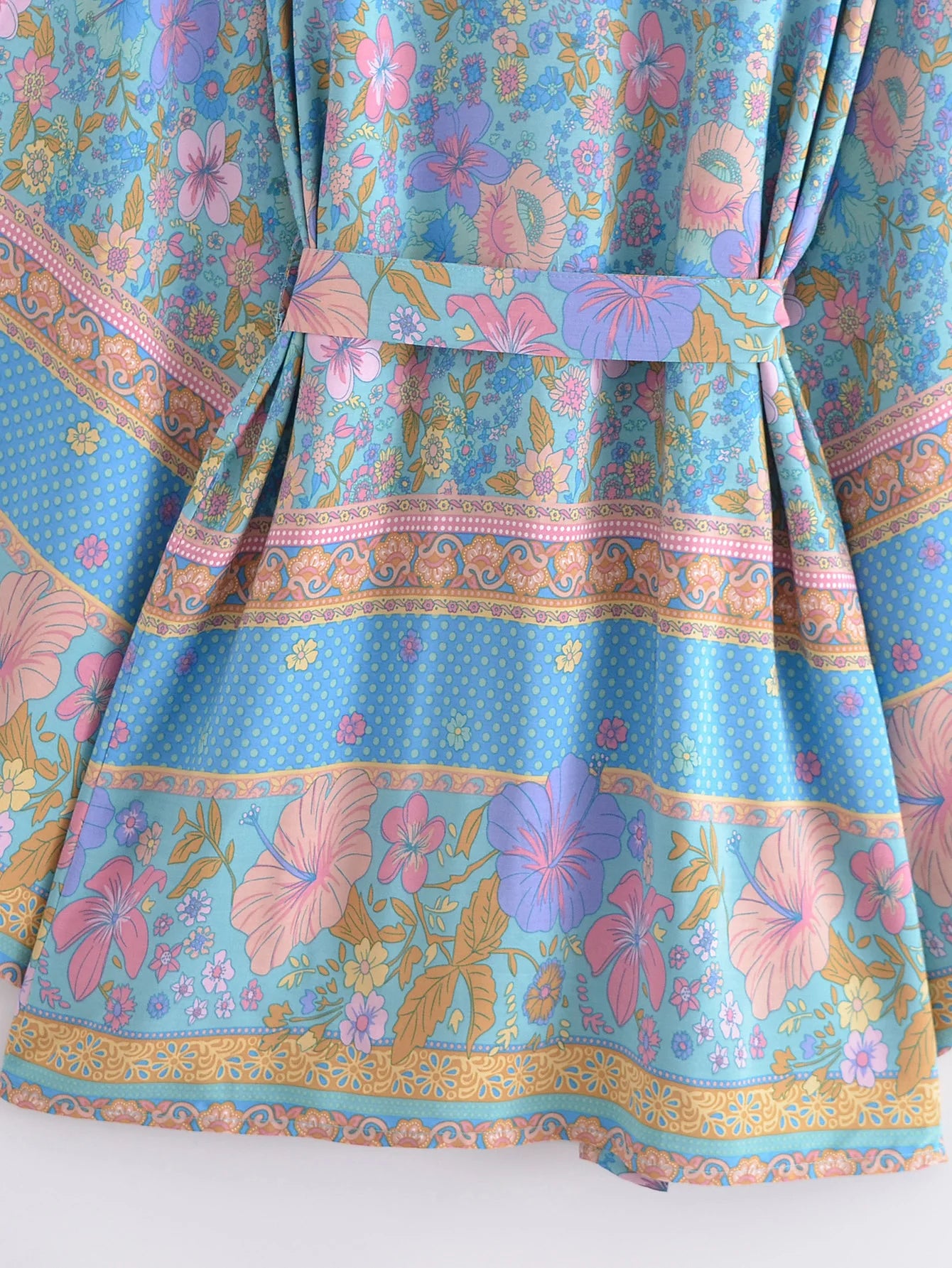 BOHO Women Blue With Pink Flower Print Kimono Shirt Holiday Tide Bow Sashes Mid Long Cardigan Summer Blouse Beach Cape