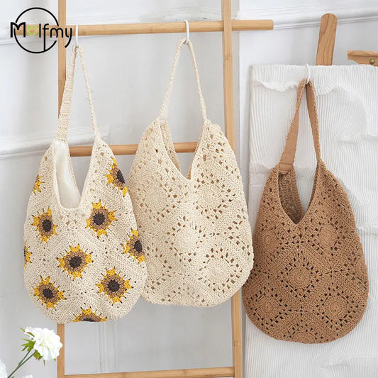 Women Shouder Bag Bohemian Straw Underarm Bag Summer Beach Woven Armpit Bag Hollow Flower Casual Crochet Tote Shopping Bags