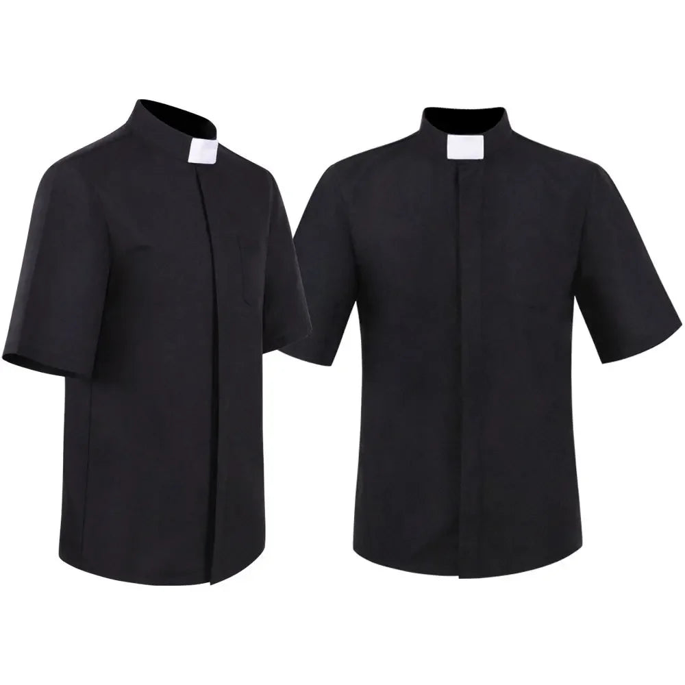 Priest Collar Shirt Men Clergy Stand-up Catholic Church Minister Preacher Summer Short Sleeve Tops Roman Blouse S-5XL