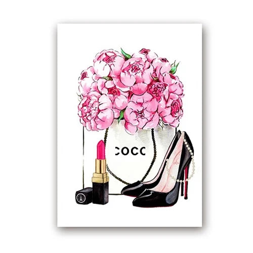 Fashion Magazine Wall Art Prints High Heels and Lipstick Modern Picture Poster Pink Flower Canvas Painting Girls Room Home Decor