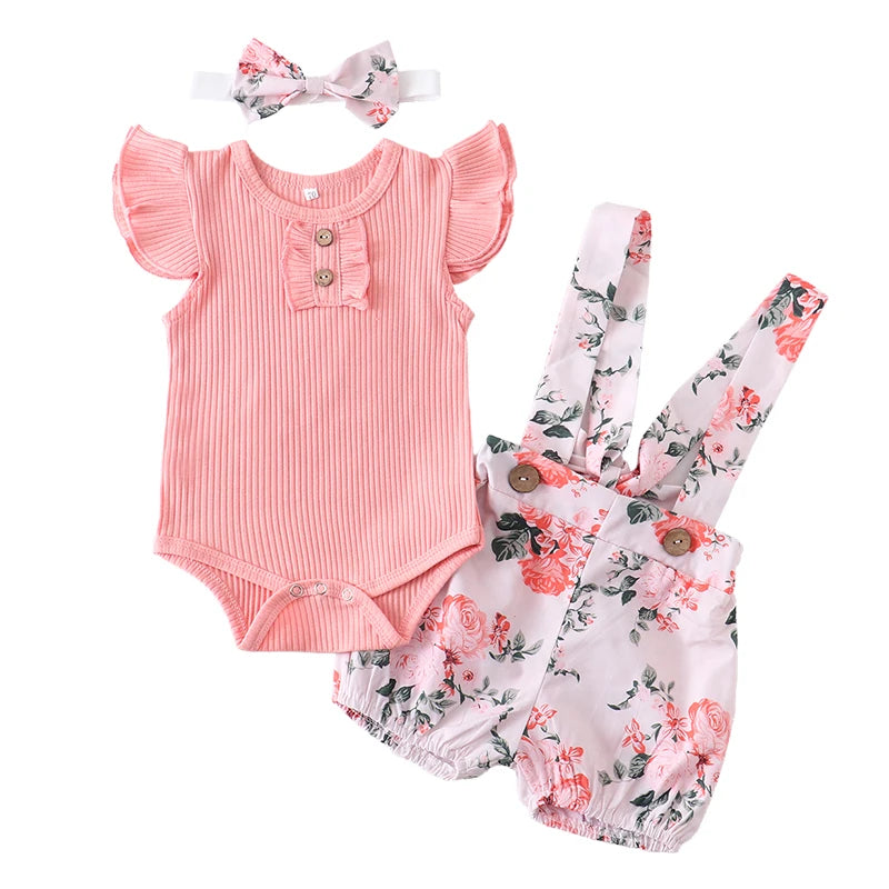 Summer Baby Girl Clothes Set Fashion Newborn Infant Knitting Cotton Ruffles Romper Shorts Bow Headband 3Pcs For Toddler Outfits