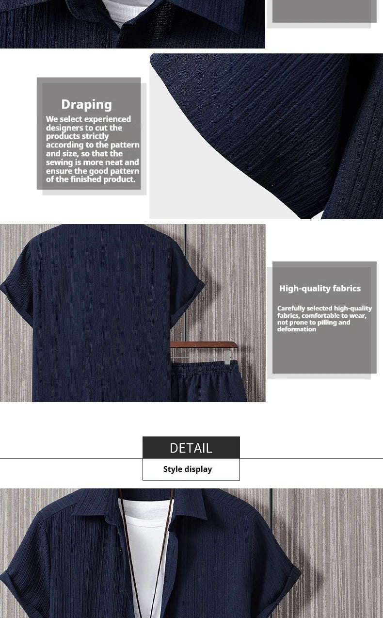 2025 Summer Men's Set Striped Jacquard Shirt Short Sleeve Button Collar Casual Shirt Fashionable Hot Selling Trendy Atmosphere