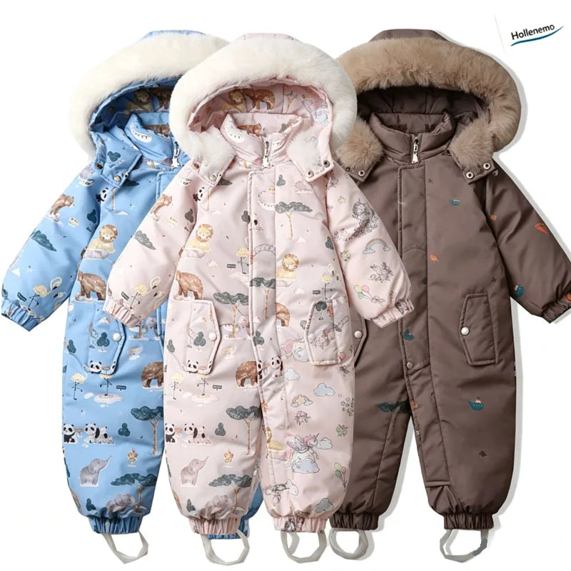 Baby Hooded One‑Piece Snowsuit Faux Fur Trim Windproof Waterproof Animal Print Warm Winter Zipper Jumpsuit Romper For Boys Girls