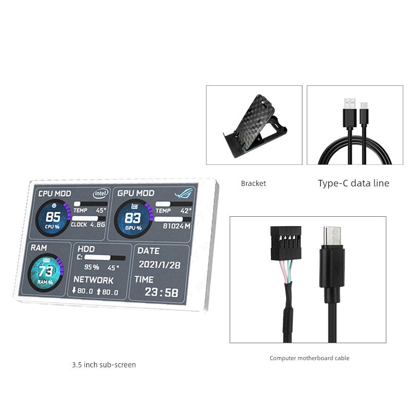 3.5-Inch Computer Sub-Screen IPs Full View USB-C Chassis Sub-Screen Computer Status Monitoring Installation-Free Aida64