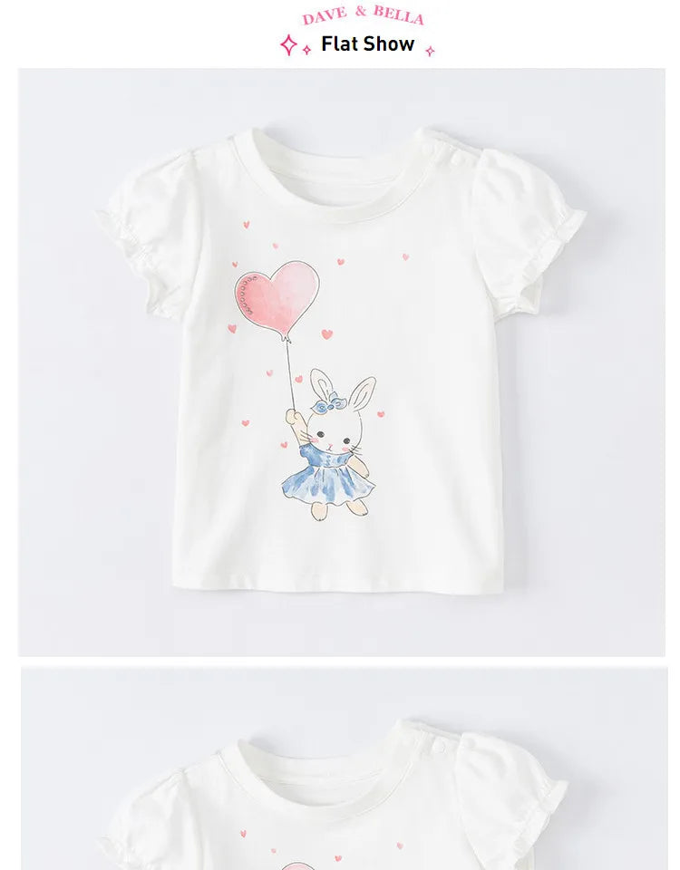 Dave Bella Baby Girl White T-shirts Cartoon Printed Girls Tees Children Tops Puff Sleeves Kids Clothes DB2221905